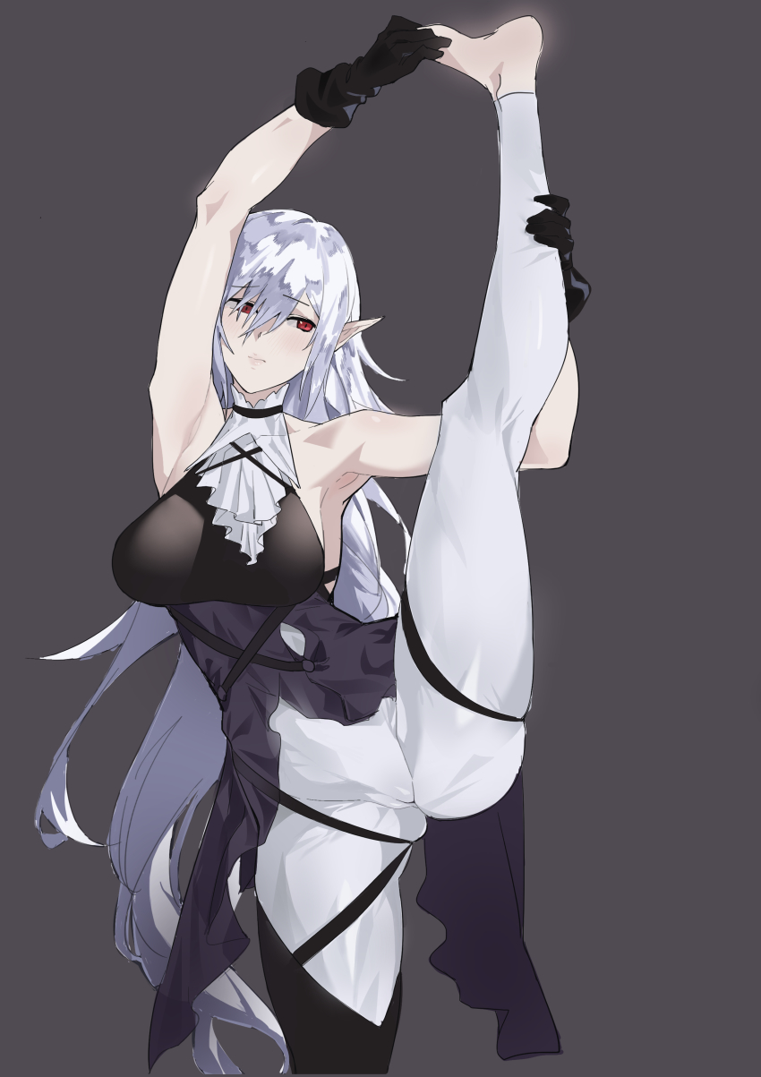 1girl, absurdres, arknights, ascot, bare_shoulders, black_background, black_dress, black_gloves