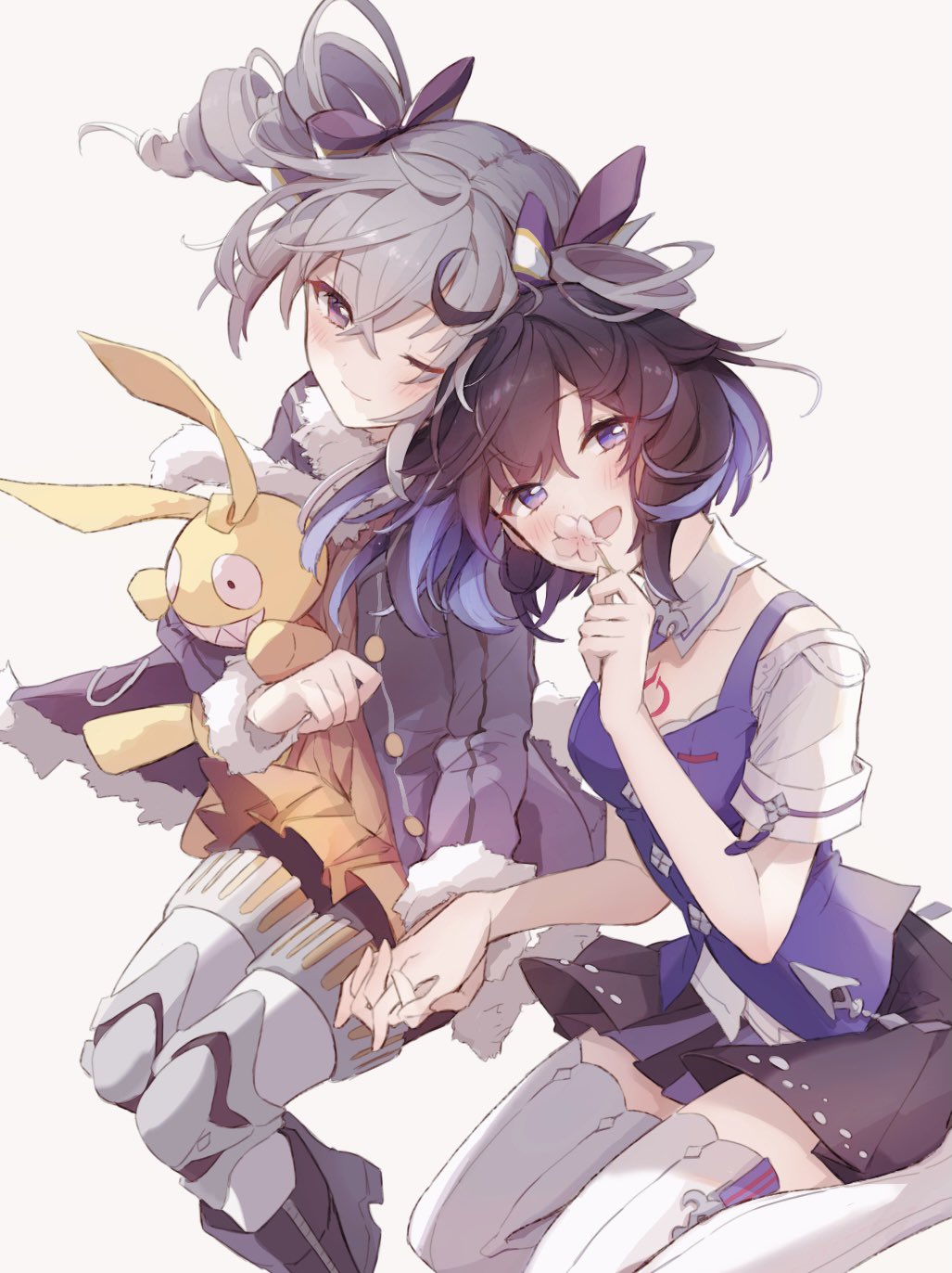 2girls, alternate_costume, black_hair, blush, bow, bronya_zaychik, bronya_zaychik_(snowy_sniper), collar