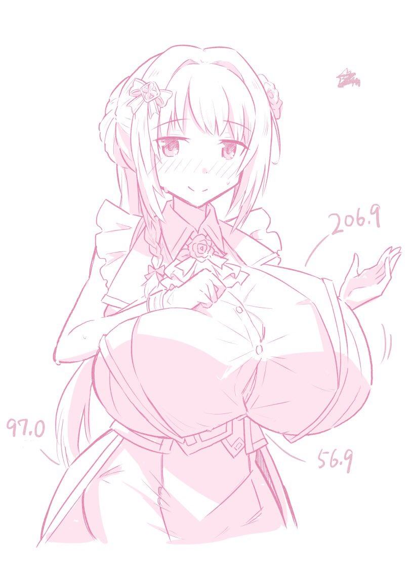 1girl, alternate_breast_size_(larger), blush, breasts, bursting_breasts, button_gap, duel1st_dki, flower, gloves, hair_intakes, hair_ornament, huge_breasts, magia_record:_mahou_shoujo_madoka_magica_gaiden, mahou_shoujo_madoka_magica, measurements, monochrome, shirt, signature, sleeveless, sleeveless_shirt, smile, solo, three_sizes, yakumo_mitama