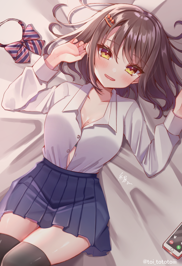 1girl, black_thighhighs, blue_skirt, bow, bowtie, breasts, brown_eyes, brown_hair