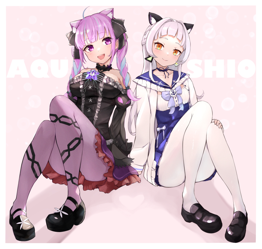 2girls, :d, absurdres, animal_ear_fluff, animal_ears, bad_id, bad_pixiv_id, black_dress