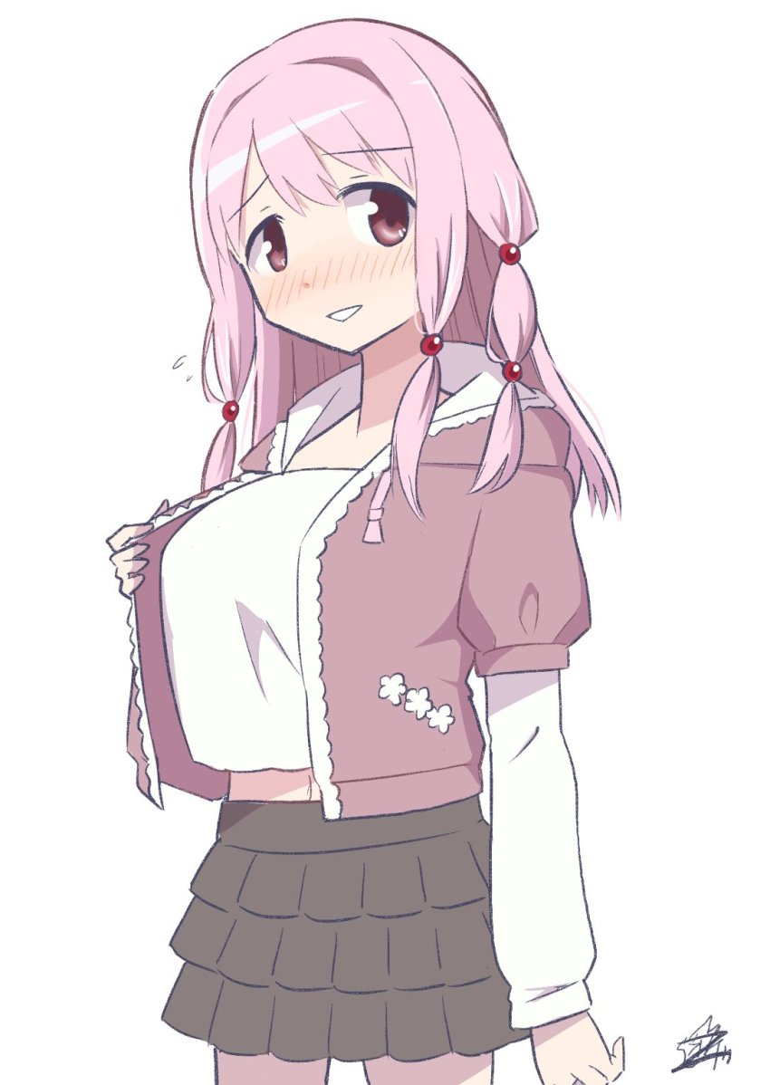 1girl, aged_up, albino, alternate_breast_size, black_skirt, blush, cowboy_shot, duel1st_dki