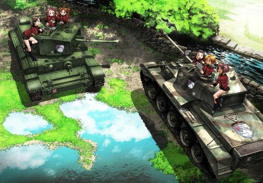 6+girls, assam_(girls_und_panzer), binoculars, bird, blonde_hair, blue_eyes, breasts, brown_hair