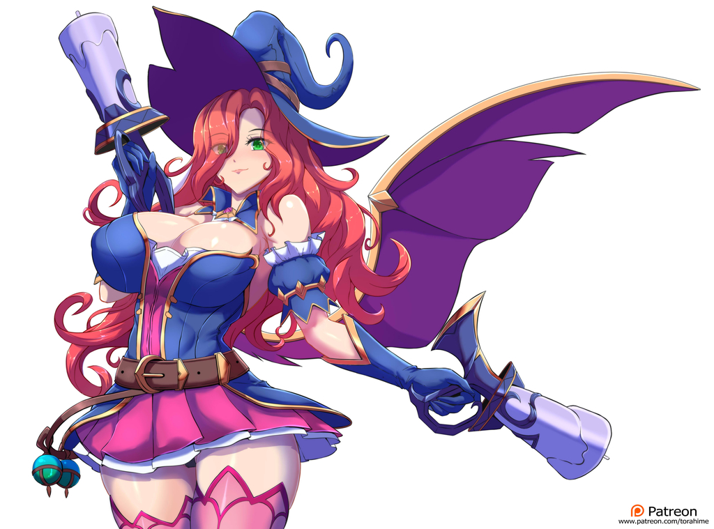 1girl, bare_shoulders, bewitching_miss_fortune, blush, breasts, candle, cleavage, eyes_visible_through_hair, green_eyes, hair_over_one_eye, hat, huge_breasts, league_of_legends, long_hair, looking_at_viewer, red_hair, miss_fortune_(league_of_legends), simple_background, smile, solo, tagme, thighhighs, torahime_(roland00), white_background, witch_hat, zettai_ryouiki