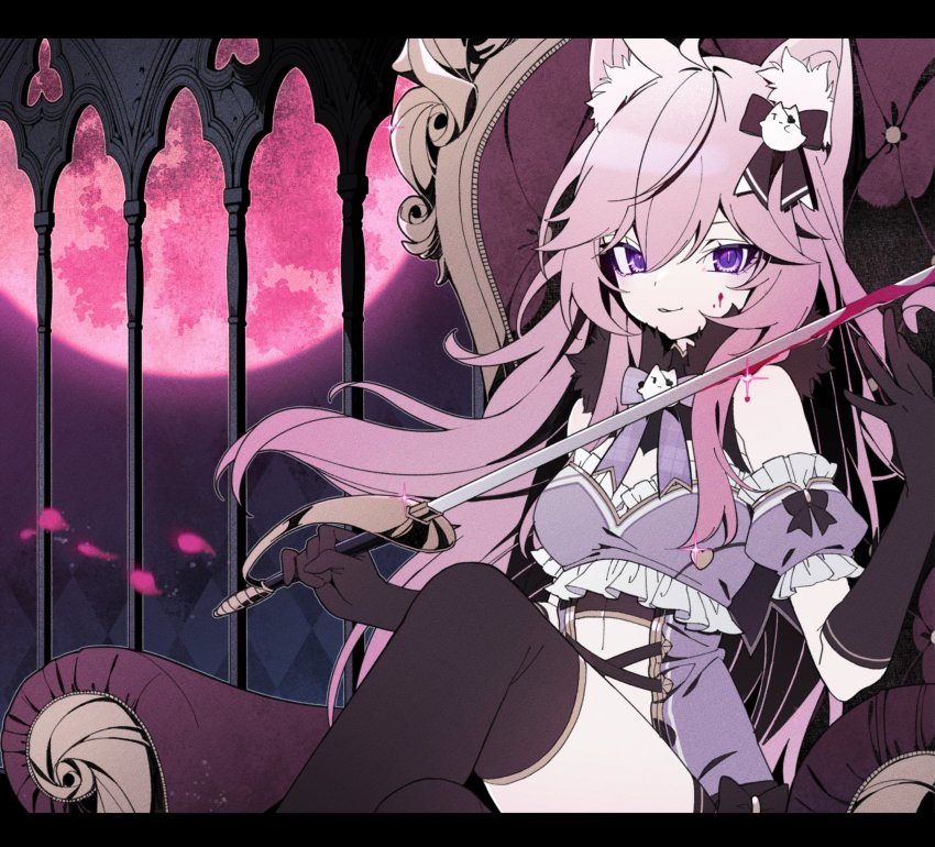 1girl, absurdres, animal_ear_fluff, animal_ears, arm_garter, artist_request, bare_shoulders, black_bow, blood, bow, cat_ears, cat_girl, cat_hair_ornament, chair, crossed_legs, elbow_gloves, eyepatch, frills, gloves, hair_between_eyes, hair_bow, hair_ornament, heart, heart_eyepatch, highres, holding, holding_sword, holding_weapon, long_hair, looking_at_viewer, moon, nyatasha_nyanners, nyatasha_nyanners_(magical_idol), pink_hair, purple_eyes, red_moon, sitting, smile, solo, stomach, sword, thighhighs, virtual_youtuber, vshojo, weapon, yamanasi_mikage