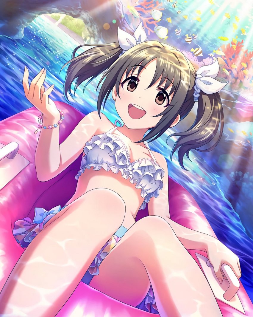 1girl, brown_eyes, brown_hair, fish, happy, highres, idolmaster, idolmaster_cinderella_girls