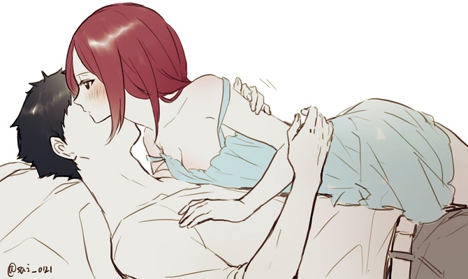 1boy, 1girl, akaashi_keiji, bare_arms, bed_sheet, belt, black_hair, blush