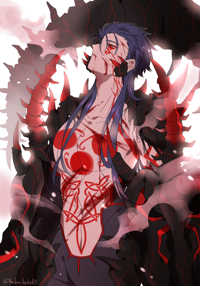 1boy, bare_pectorals, blood, blood_in_mouth, blood_on_face, blue_hair, bodypaint, chest_tattoo