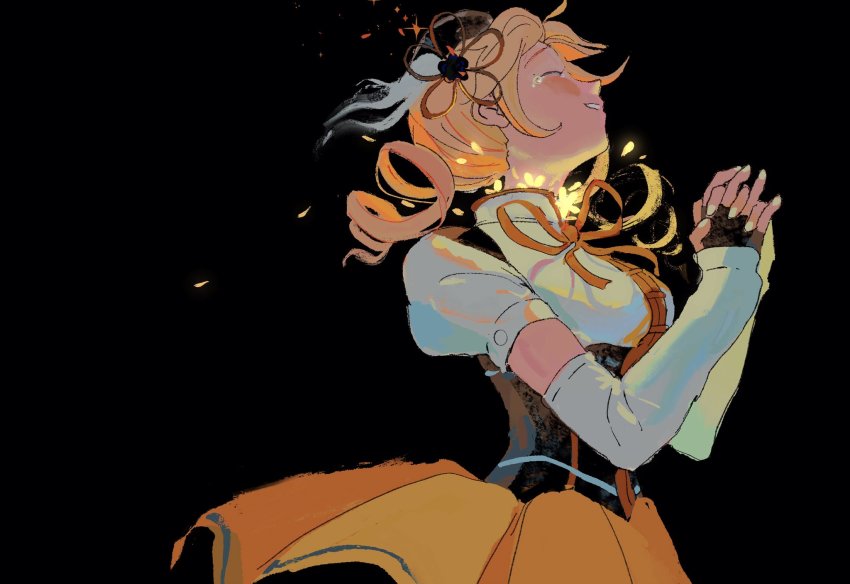 1girl, bigskycastle, black_background, blonde_hair, blush, closed_eyes, corset, drill_hair, elbow_gloves, fingerless_gloves, flower_ornament, gloves, hair_between_eyes, hair_ornament, happy, highres, holding_hands, mahou_shoujo_madoka_magica, mahou_shoujo_madoka_magica_(anime), neck_ribbon, open_mouth, praying, puffy_short_sleeves, puffy_sleeves, ribbon, short_sleeves, sketch, skirt, solo, tearing_up, tears, tomoe_mami, tomoe_mami_(magical_girl), twintails, white_gloves, yellow_ribbon, yellow_skirt