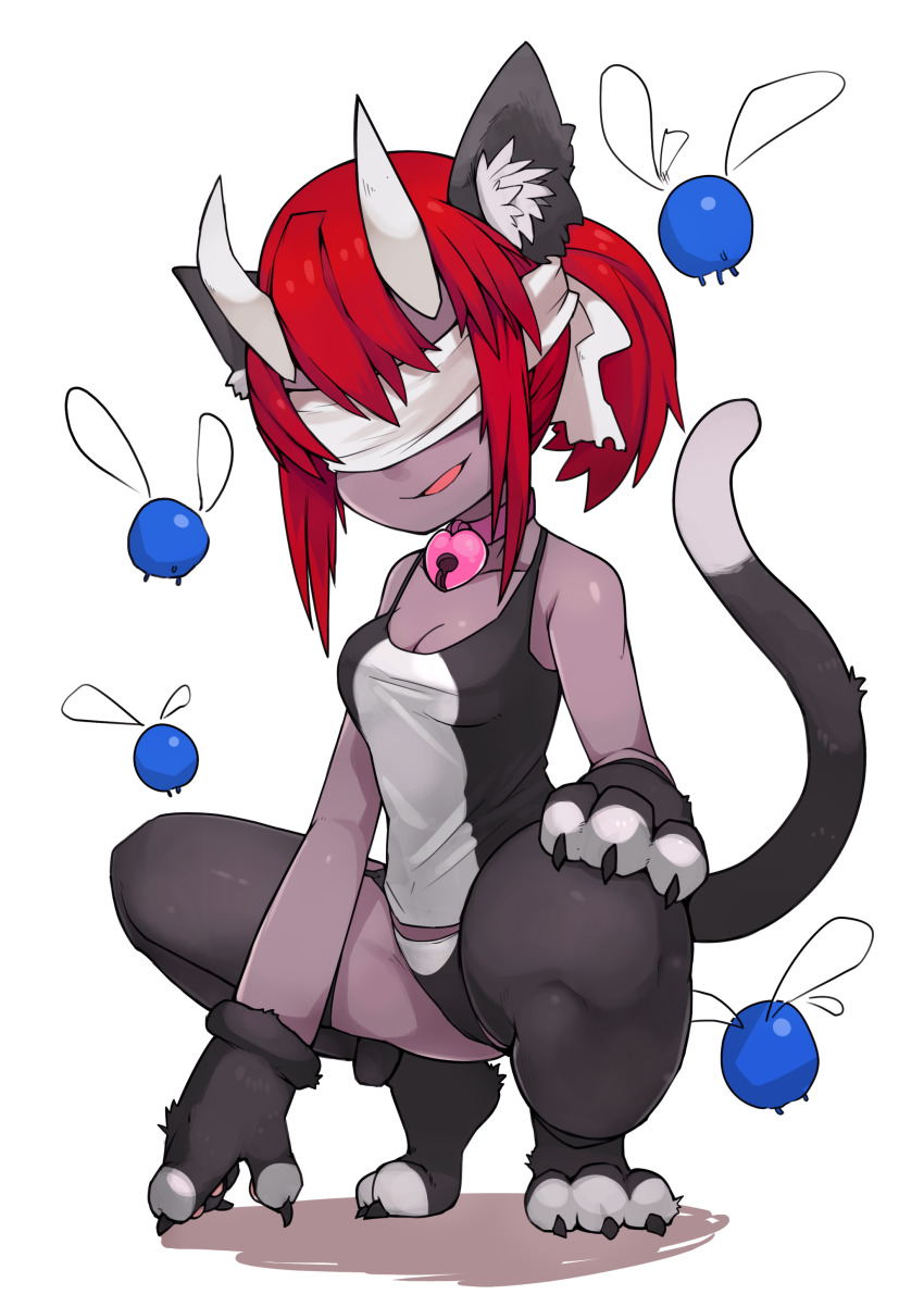 1girl, absurdres, animal_costume, animal_ear_fluff, animal_ears, animal_hands, blind, blindfold, blue_fly_(the_binding_of_isaac), cat_costume, cat_ears, cat_tail, commentary, cosplay, dark-skinned_female, dark_skin, demon_girl, english_commentary, gloves, guppy_(the_binding_of_isaac), guppy_(the_binding_of_isaac)_(cosplay), highres, horns, lilith_(the_binding_of_isaac), long_hair, paw_gloves, paw_shoes, red_hair, shoes, simple_background, solo, tail, the_binding_of_isaac, white_background, yellowparrot