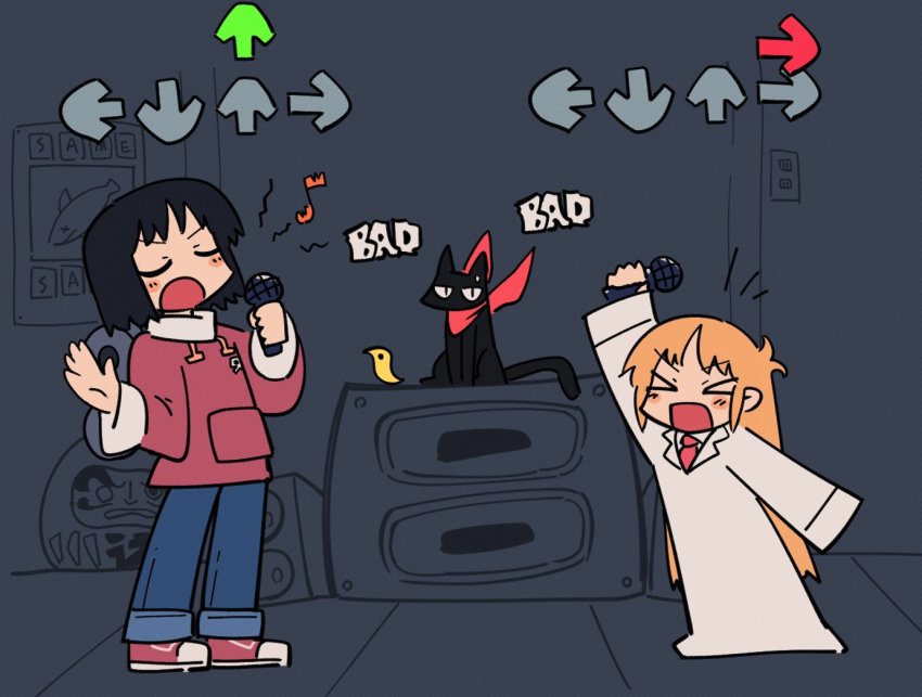 >_<, 2girls, adpx, arrow_(symbol), bandana, black_cat, blush, cat, coat, denim, english_text, closed_eyes, friday_night_funkin', hair_behind_ear, holding, holding_microphone, hood, hoodie, jeans, lab_coat, microphone, multiple_girls, necktie, nichijou, open_mouth, pants, parody, poster_(object), professor_shinonome, red_bandana, red_hoodie, red_neckwear, sakamoto_(nichijou), shinonome_nano, shoes, smile, sneakers, user_interface, v-shaped_eyebrows, white_coat