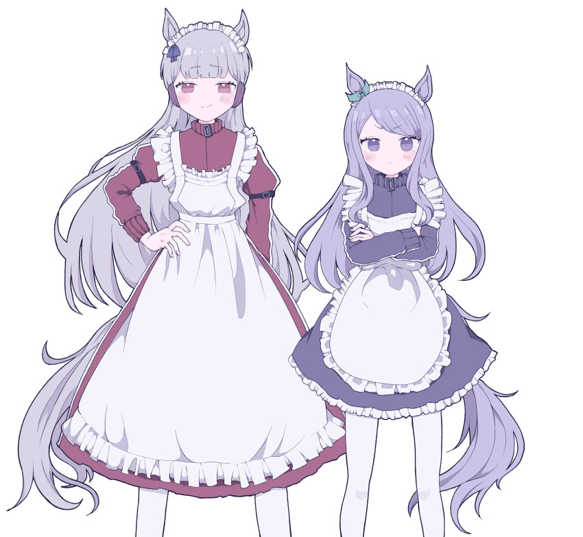2girls, absurdres, adapted_costume, alternate_costume, animal_ears, apron, blue_bow, blush