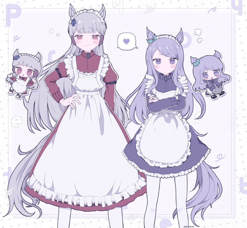 2girls, absurdres, adapted_costume, alternate_costume, animal_ears, apron, black_footwear, blue_bow, blush, blush_stickers, bow, brown_dress, brown_footwear, chibi, closed_mouth, commentary_request, crossed_arms, dress, ear_covers, ear_ribbon, enmaided, frilled_apron, frills, gold_ship_(umamusume), green_ribbon, grey_hair, hand_on_own_hip, heart, highres, holding, holding_tray, horse_ears, horse_girl, horse_tail, long_hair, long_sleeves, looking_at_viewer, maid, maid_apron, maid_headdress, mejiro_mcqueen_(umamusume), multiple_girls, pantyhose, purple_dress, purple_eyes, purple_hair, ribbon, ringed_eyes, shoes, smirk, spoken_heart, tail, tray, umamusume, v-shaped_eyebrows, very_long_hair, white_apron, white_legwear, wotoha