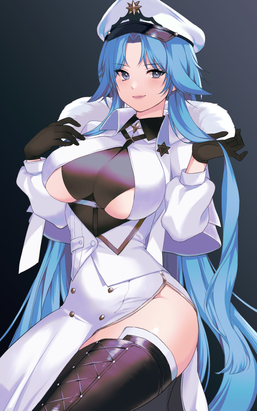 1girl, absurdres, azur_lane, between_breasts, black_background, black_boots, black_gloves, blue_eyes, blue_hair, bodystocking, boots, breasts, closed_mouth, coat, commentary_request, cowboy_shot, fur-trimmed_coat, fur_trim, gloves, groin, hanada_no_kiwami, hands_up, hat, highres, jacket, large_breasts, long_hair, long_skirt, long_sleeves, looking_at_viewer, neckwear_between_breasts, parted_bangs, partial_commentary, peaked_cap, side_slit, sidelocks, simple_background, skirt, smile, solo, sovetskaya_belorussiya_(azur_lane), strap_between_breasts, thigh_boots, thighhighs, underboob, very_long_hair, white_coat, white_jacket, white_skirt
