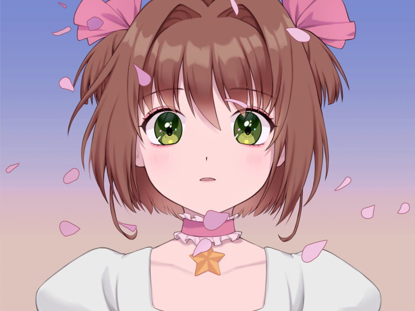 1girl, bad_id, bad_pixiv_id, blue_background, brown_hair, cardcaptor_sakura, choker, clamp_(style)