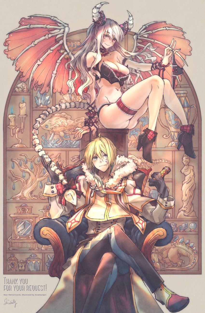 1boy, 1girl, absurdres, black_footwear, black_gloves, black_panties, black_pants, blush, bonsai, breasts, cleavage, clock, closed_mouth, coat, commentary, commentary_request, commission, crossed_legs, crystal, demon_girl, english_commentary, english_text, foot_out_of_frame, full_body, fur_coat, gloves, hair_between_eyes, high_heels, highres, holding, holding_unworn_clothes, holding_panties, holding_tail, holding_underwear, horns, jar, long_hair, long_sleeves, looking_at_viewer, mixed-language_commentary, navel, original, panties, pants, red_eyes, red_footwear, shelf, short_hair, signature, simty_(lemon_ginger), sitting, skeb_commission, skeletal_tail, skeletal_wings, smile, statue, tail, underwear, wavy_hair, white_coat, white_hair, wings, wrist_cuffs