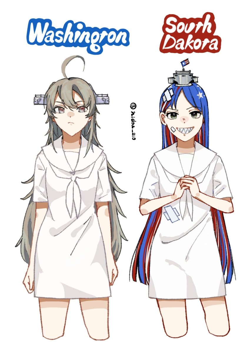 2girls, ahoge, alternate_costume, american_flag, bandaid, bandaid_on_face, blue_hair, character_name
