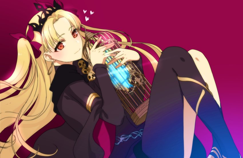 1girl, \||/, armlet, asymmetrical_legwear, bad_id, bad_pixiv_id, birdcage, black_legwear, blonde_hair, blush, bow, cage, double_\||/, earrings, ereshkigal_(fate), ereshkigal_(third_ascension)_(fate), fate/grand_order, fate_(series), hair_bow, hair_ribbon, heart, highres, holding, holding_cage, jewelry, long_hair, looking_at_viewer, mismatched_legwear, parted_bangs, red_background, red_eyes, ribbon, simple_background, skull, smile, solo, tenoteno_syumi, tiara, two_side_up, very_long_hair