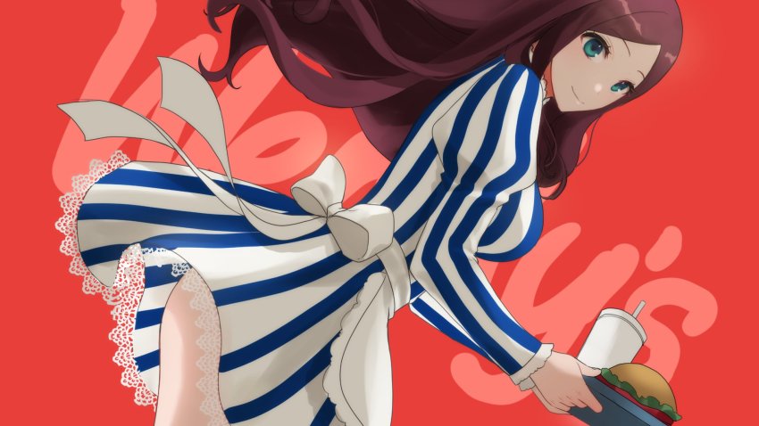 1girl, alternate_costume, apron, bad_id, bad_pixiv_id, blue_eyes, bow, brown_hair, burger, cosplay, cup, dress, drinking_straw, embroidered_dress, fate/grand_order, fate_(series), food, highres, holding, holding_tray, lace_trim, leonardo_da_vinci_(caster)_(fate), leonardo_da_vinci_(fate), long_hair, parted_bangs, puffy_sleeves, red_background, ribbon, solo, striped_clothes, striped_dress, tenoteno_syumi, tray, vertical_stripes, waist_apron, wendy's, wendy_(wendy's), wendy_(wendy's)_(cosplay), white_bow