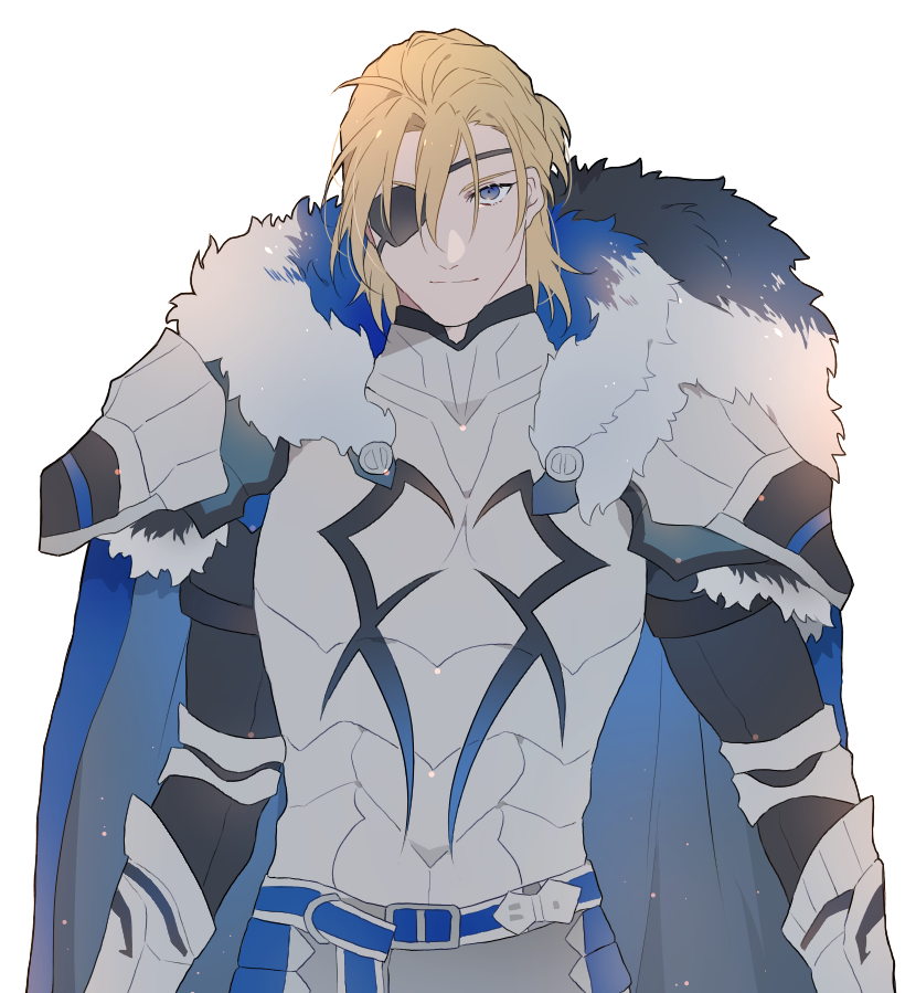 1boy, aged_up, armor, blonde_hair, blue_eyes, cape, dimitri_alexandre_blaiddyd, dimitri_alexandre_blaiddyd_(king_of_faerghus), dimitri_alexandre_blaiddyd_(timeskip), eyepatch, fire_emblem, fire_emblem:_three_houses, fire_emblem_heroes, fur_collar, male_focus, namahamu_(hmhm_81), nintendo, pauldrons, shoulder_armor, solo