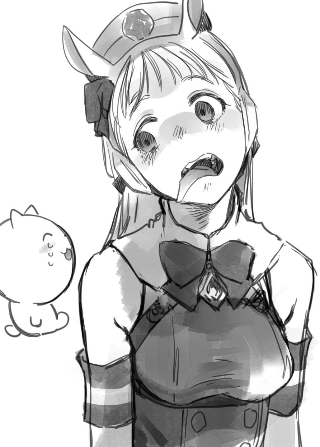 1girl, animal_ears, bow, bowtie, breasts, gold_ship_(umamusume), greyscale, haguhagu_(rinjuu_circus)