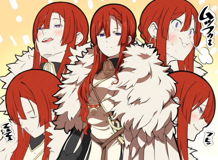 1girl, blood, closed_eyes, commentary_request, earrings, fate/grand_order, fate_(series), feather_boa