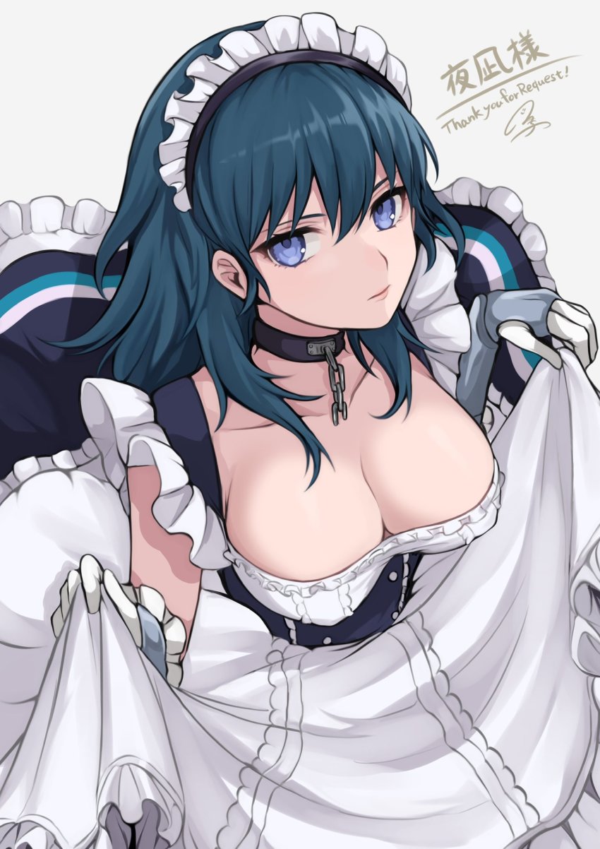 1girl, apron, apron_hold, azur_lane, belfast_(azur_lane), belfast_(azur_lane)_(cosplay), black_choker, blue_eyes, blue_hair, breasts, female_byleth_(fire_emblem), chain, choker, cleavage, commentary_request, cosplay, dress, fire_emblem, fire_emblem:_three_houses, gloves, grey_background, hair_between_eyes, highres, large_breasts, long_hair, looking_at_viewer, maid, maid_apron, maid_headdress, nintendo, shimizu_akina, simple_background, solo, white_apron, white_gloves