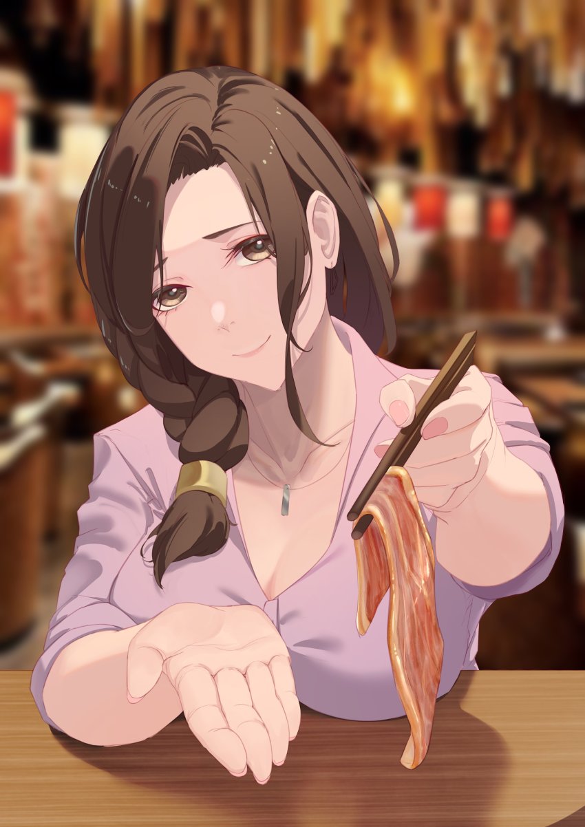 1girl, absurdres, booth_seating, braid, breasts, brown_eyes, brown_hair, chopsticks, closed_mouth, dress_shirt, feeding, food, gotou_airi, hige_wo_soru._soshite_joshikousei_wo_hirou., highres, incoming_food, jewelry, large_breasts, looking_at_viewer, mature_female, meat, nail_polish, necklace, photo_background, purple_shirt, restaurant, serelith, shirt, single_braid, sitting, sleeves_rolled_up, smile, solo, upper_body, yakiniku
