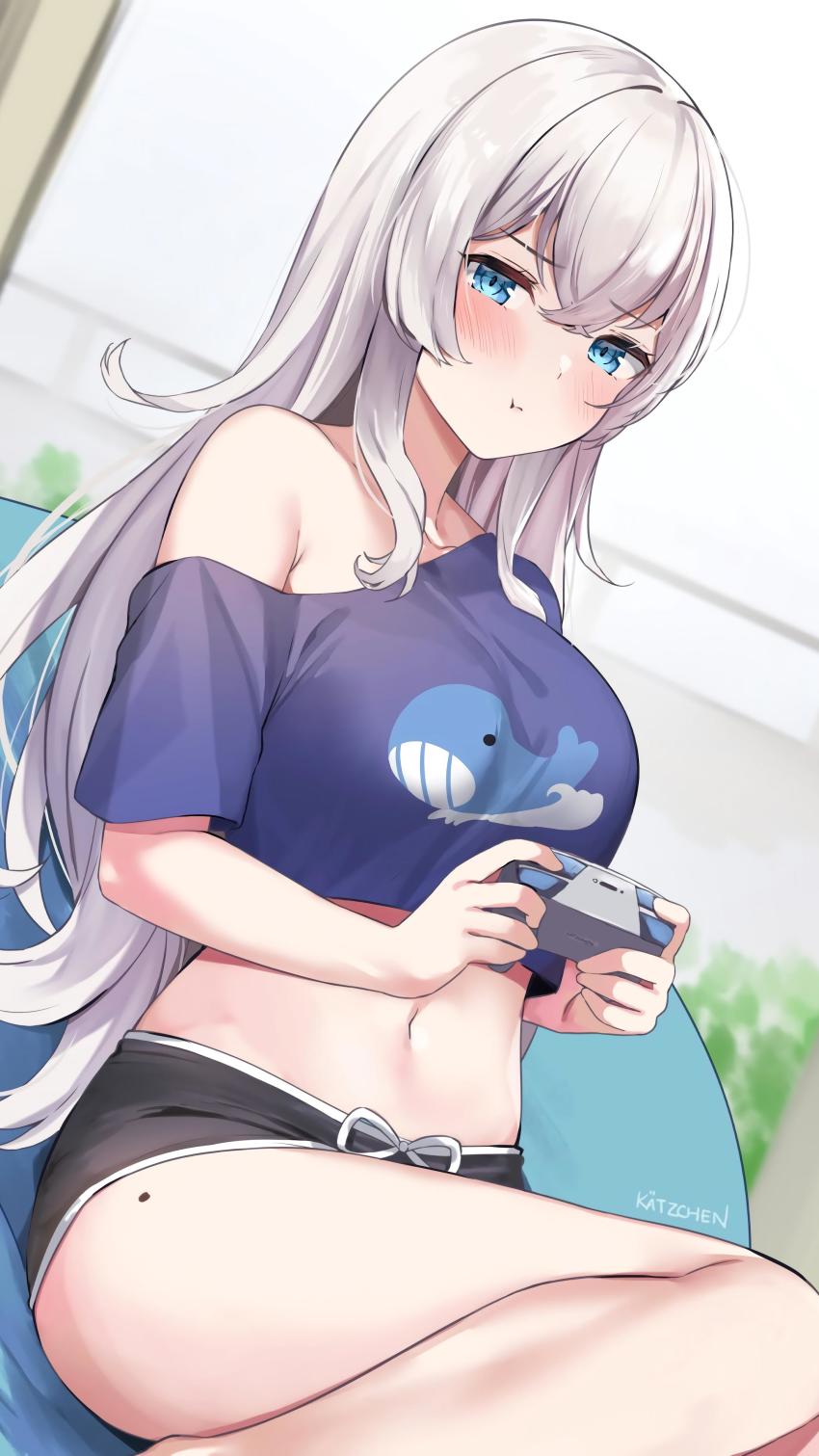1girl, :t, absurdres, animal_print, armpit_crease, bare_legs, bare_shoulders, bean_bag_chair, black_shorts, blue_eyes, blue_shirt, borrowed_character, breasts, crop_top, crop_top_overhang, crossed_bangs, dolphin_shorts, dutch_angle, frown, game_controller, hair_between_eyes, highres, holding, kaetzchen, large_breasts, long_hair, looking_at_viewer, micro_shorts, midriff, mole, mole_on_thigh, navel, off_shoulder, original, playstation_controller, pout, sanyu_(ry_thae), shirt, short_shorts, short_sleeves, shorts, silver_hair, sitting, solo, stomach, thighs