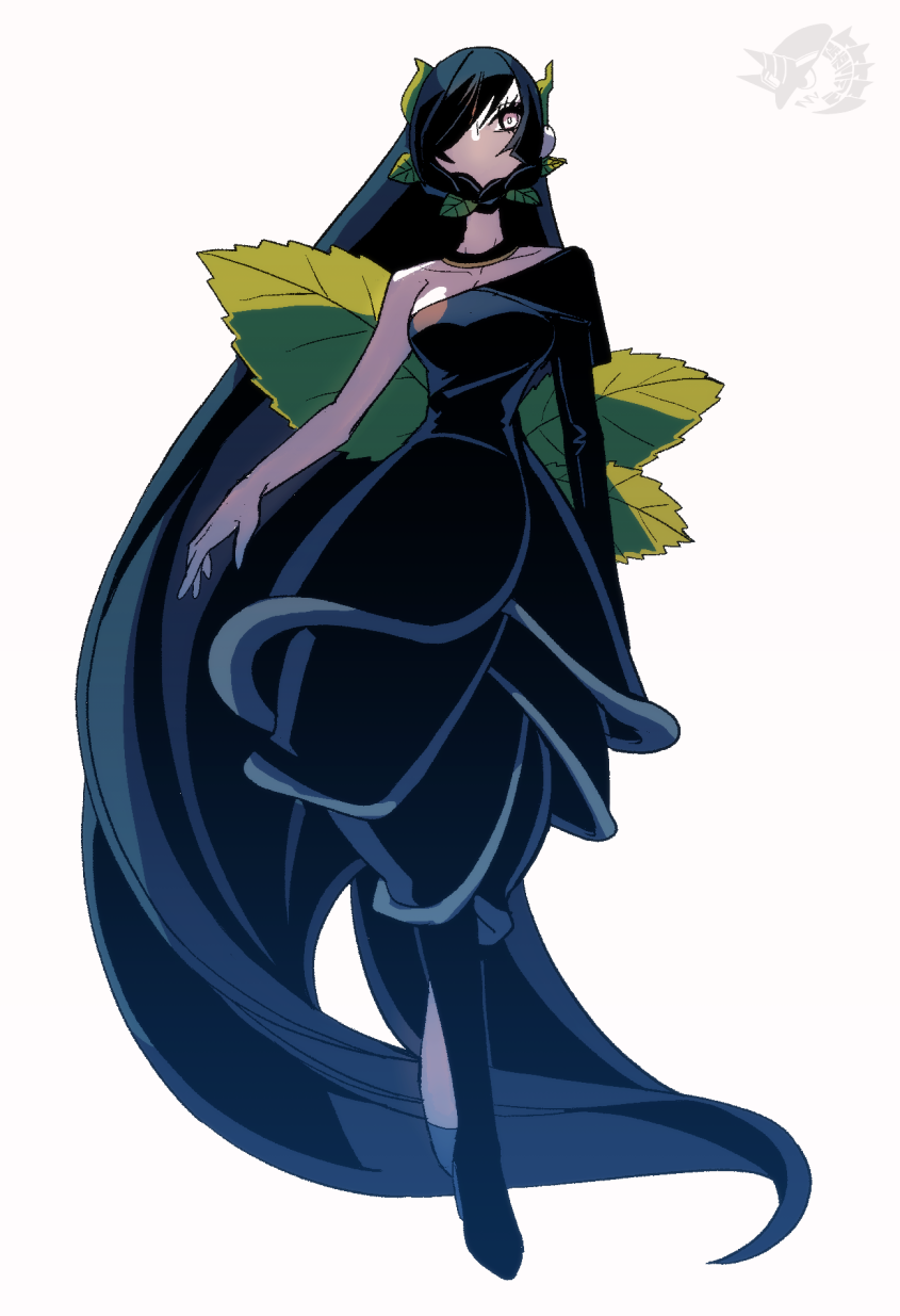 absurdly_long_hair, black_dress, black_footwear, black_hair, breasts, cleavage, dress, elbow_gloves