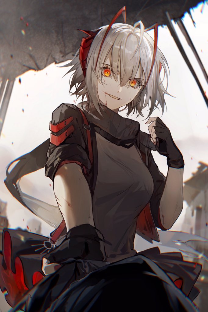 1girl, ahoge, antenna_hair, arknights, black_gloves, black_jacket, black_skirt, blood, blood_on_face, blurry, blurry_background, chromatic_aberration, cowboy_shot, fingerless_gloves, gloves, grey_hair, grey_shirt, hand_up, horns, jacket, looking_at_viewer, open_mouth, orange_eyes, outdoors, pov, qinglai_haiji, red_horns, red_skirt, scarf, shirt, shoulder_strap, skirt, sleeves_rolled_up, smile, solo, two-tone_skirt, w_(arknights)