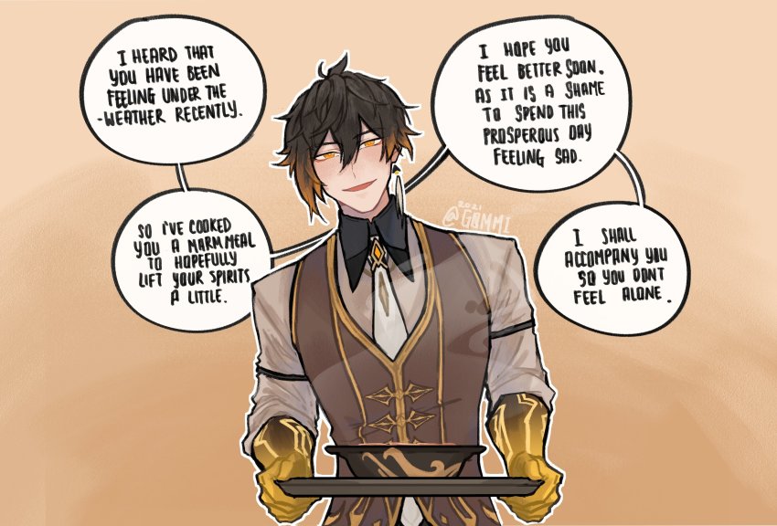 1boy, arm_tattoo, armlet, beige_background, black_hair, bowl, collared_shirt, commentary, earrings, english_commentary, english_text, eyeliner, eyeshadow, g0mmi, genshin_impact, gradient_hair, hair_between_eyes, highres, holding, holding_tray, jewelry, long_hair, long_sleeves, looking_at_viewer, makeup, male_focus, multicolored_hair, necktie, open_mouth, orange_hair, red_eyeshadow, shirt, simple_background, single_earring, sleeves_rolled_up, smile, solo, speech_bubble, steam, tassel, tassel_earrings, tattoo, tray, twitter_username, vest, yellow_eyes, zhongli_(genshin_impact)