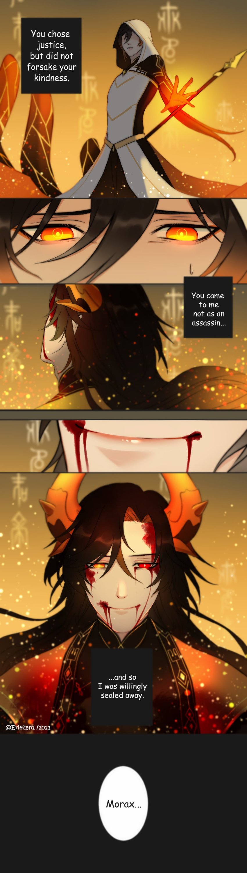 2boys, absurdres, alternate_costume, arm_tattoo, azhdaha_(genshin_impact), bare_shoulders, blood, blood_from_mouth