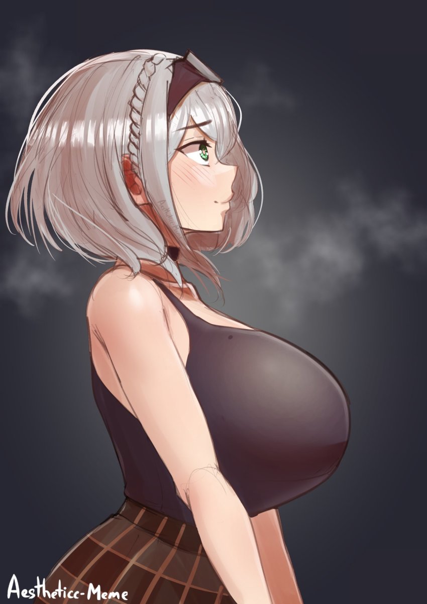 1girl, aestheticc-meme, artist_name, bare_shoulders, black_background, black_shirt, blouse, blush, braid, braiding_hair, breasts, choker, collarbone, commentary, crop_top, english_commentary, english_text, from_side, grey_hair, gulping, hairdressing, heart, heart-shaped_pupils, highres, hololive, huge_breasts, shirogane_noel, shirogane_noel_(casual), shirt, short_hair, side_braid, skirt, sleeveless, solo, steam, steaming_body, symbol-shaped_pupils, tiara, virtual_youtuber
