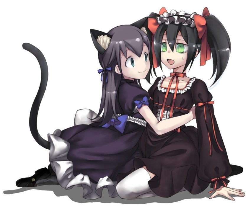 2girls, alternate_hairstyle, animal_ear_fluff, animal_ears, arm_around_another's_waist, arm_support, back_bow, bags_under_eyes, black_dress, black_footwear, black_hair, black_legwear, bow, cat_ears, cat_girl, cat_tail, choker, closed_mouth, collarbone, commentary_request, cousins, dress, empty_eyes, eye_contact, fingernails, frilled_dress, frills, from_side, gomihitosi, green_eyes, hair_bow, hair_ribbon, incest, kemonomimi_mode, kneeling, kuroki_tomoko, long_hair, long_sleeves, looking_at_another, maid_headdress, mary_janes, multiple_girls, open_mouth, puffy_long_sleeves, puffy_short_sleeves, puffy_sleeves, purple_bow, purple_ribbon, red_bow, red_choker, red_ribbon, ribbon, ribbon_choker, satozaki_kiko, shadow, shoes, short_hair, short_sleeves, sidelocks, simple_background, smile, sweatdrop, tail, tail_raised, thighhighs, twintails, watashi_ga_motenai_no_wa_dou_kangaetemo_omaera_ga_warui!, white_background, white_legwear