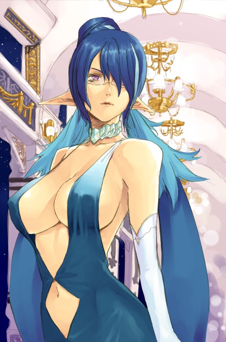 00s, 1girl, argyle_clothes, blue_hair, breasts, center_opening, choker, cleavage, clothing_cutout, diamond_cutout, dress, elbow_gloves, evening_gown, female_focus, glasses, gloves, judith_(invitation_to_a_wonderful_evening)_(tales), judith_(tales), large_breasts, natsuhiko, navel, official_alternate_costume, pointy_ears, purple_eyes, sideboob, solo, tales_of_(series), tales_of_vesperia, underboob