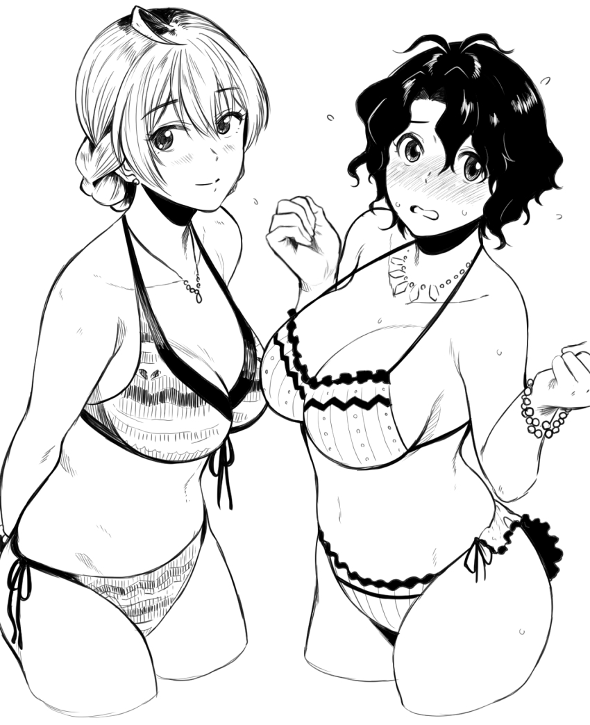 2girls, ahoge, arms_behind_back, bikini, bracelet, braid, braided_bun, breasts, cleavage, flustered, greyscale, hair_bun, halterneck, highres, idolmaster, idolmaster_million_live!, idolmaster_million_live!_theater_days, jewelry, kirihara_you, large_breasts, midriff, monochrome, multiple_girls, navel, necklace, sakuramori_kaori, short_hair, side-tie_bikini_bottom, sideboob, sketch, string_bikini, swimsuit, toyokawa_fuka