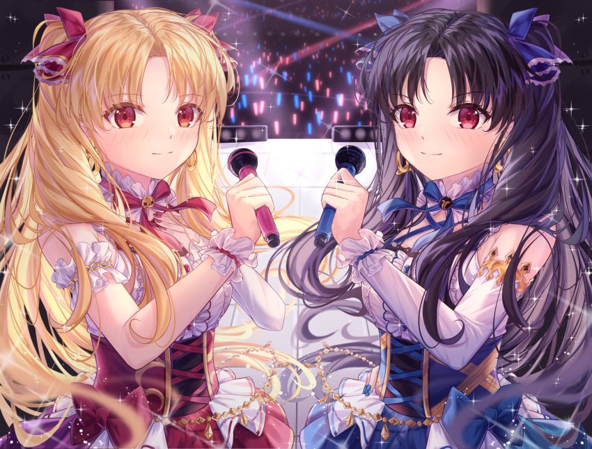 2girls, bare_shoulders, black_hair, blonde_hair, blush, breasts, dress, earrings