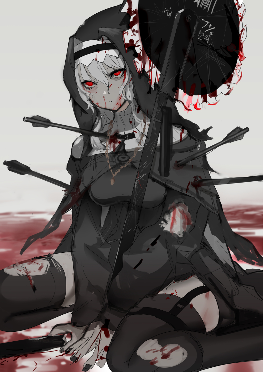 1girl, absurdres, arknights, arrow_(projectile), arrow_in_body, black_boots, black_dress, black_headwear, black_nails, black_thighhighs, blood, blood_on_face, bloody_weapon, boots, broken, broken_weapon, chuhaibane, circular_saw, commentary, dress, garter_straps, grey_hair, habit, highres, jewelry, long_hair, long_sleeves, nail_polish, necklace, nun, nun_headdress, parted_lips, red_eyes, saw, sitting, solo, specter_(arknights), thigh_strap, thighhighs, torn_clothes, torn_dress, torn_thighhighs, wariza, weapon