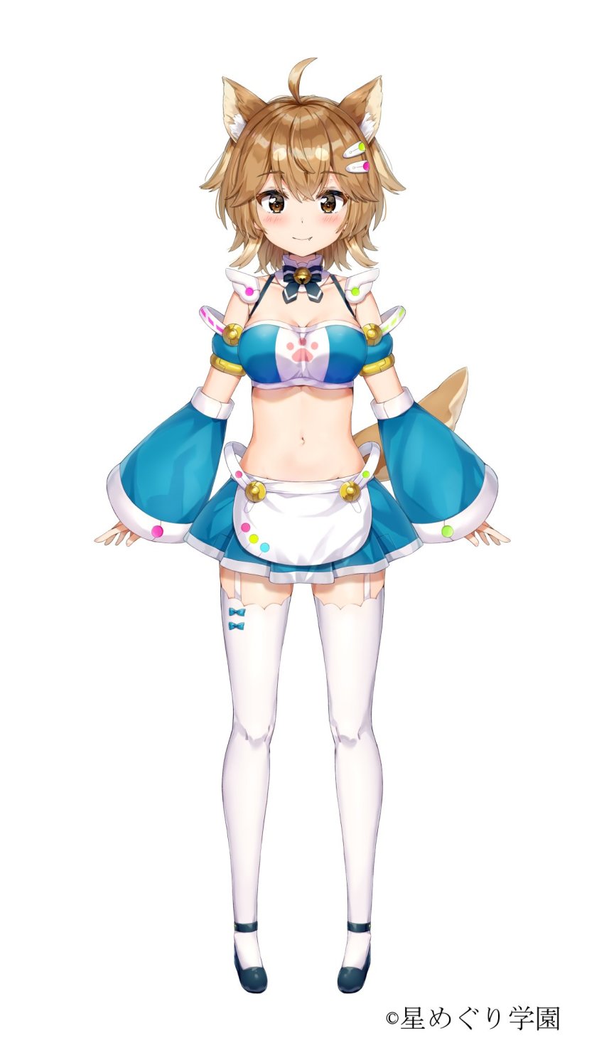 1girl, ahoge, animal_ear_fluff, animal_ears, apron, bare_shoulders, bell, black_shoes