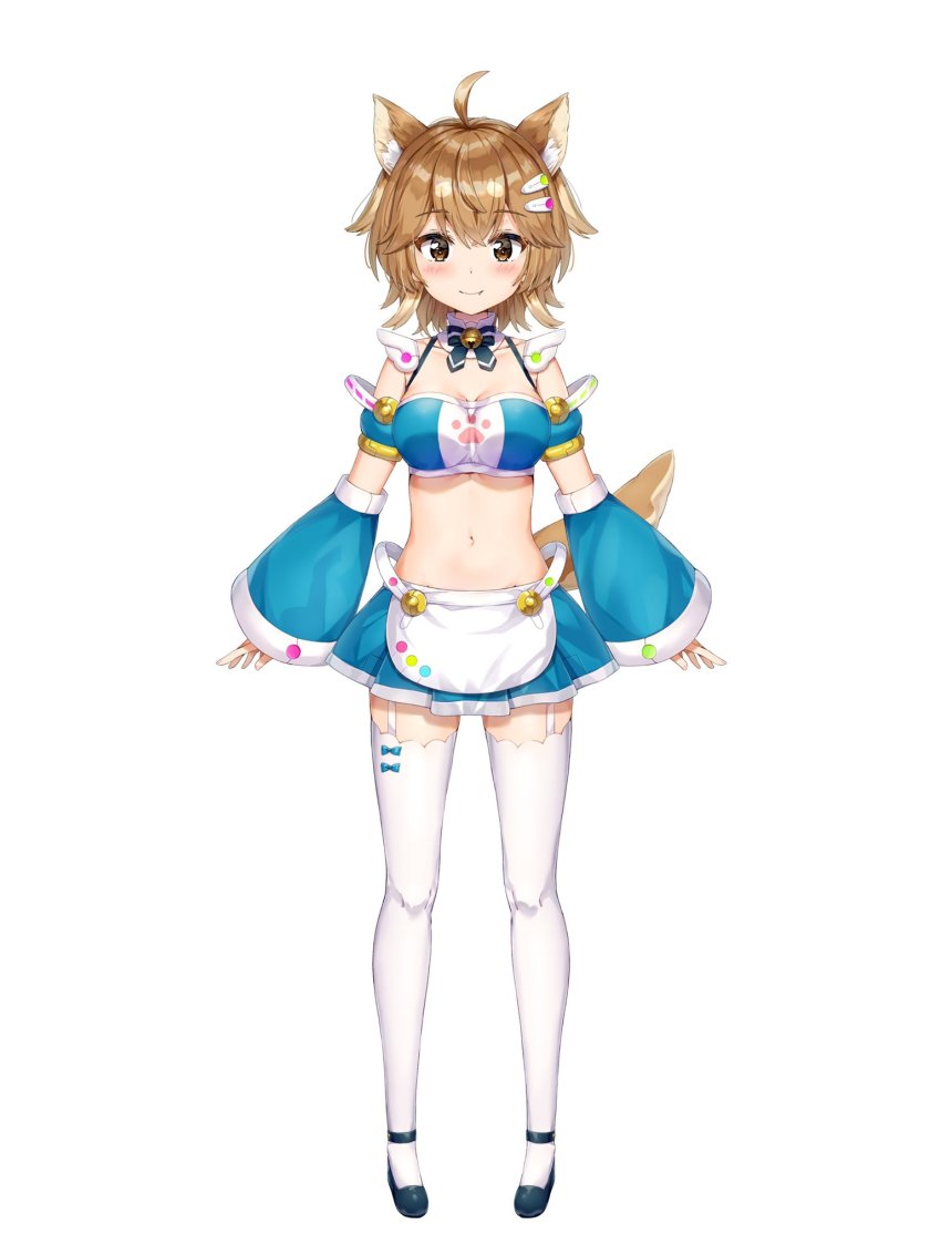 1girl, ahoge, animal_ear_fluff, animal_ears, apron, bare_shoulders, bell, black_shoes, blue_shirt, blue_skirt, bow, bowtie, breasts, brown_eyes, brown_hair, cleavage, closed_mouth, crop_top, detached_collar, detached_sleeves, dog_ears, dog_girl, dog_tail, fang, full_body, garter_straps, highres, inuchiyo_kokona, jingle_bell, kuria_(clear_trip_second), looking_at_viewer, mary_janes, medium_breasts, midriff, miniskirt, navel, pleated_skirt, revealing_clothes, shirt, shoes, short_hair, simple_background, skirt, smile, solo, spaghetti_strap, standing, stellar_cycle_campus, stomach, tail, thighhighs, virtual_youtuber, waist_apron, white_background, white_thighhighs, wide_sleeves, zettai_ryouiki