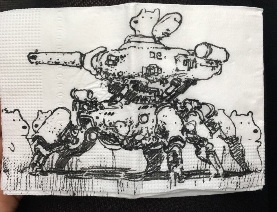 bear, commentary, crowd, english_commentary, ink_(medium), mecha, napkin, no_humans