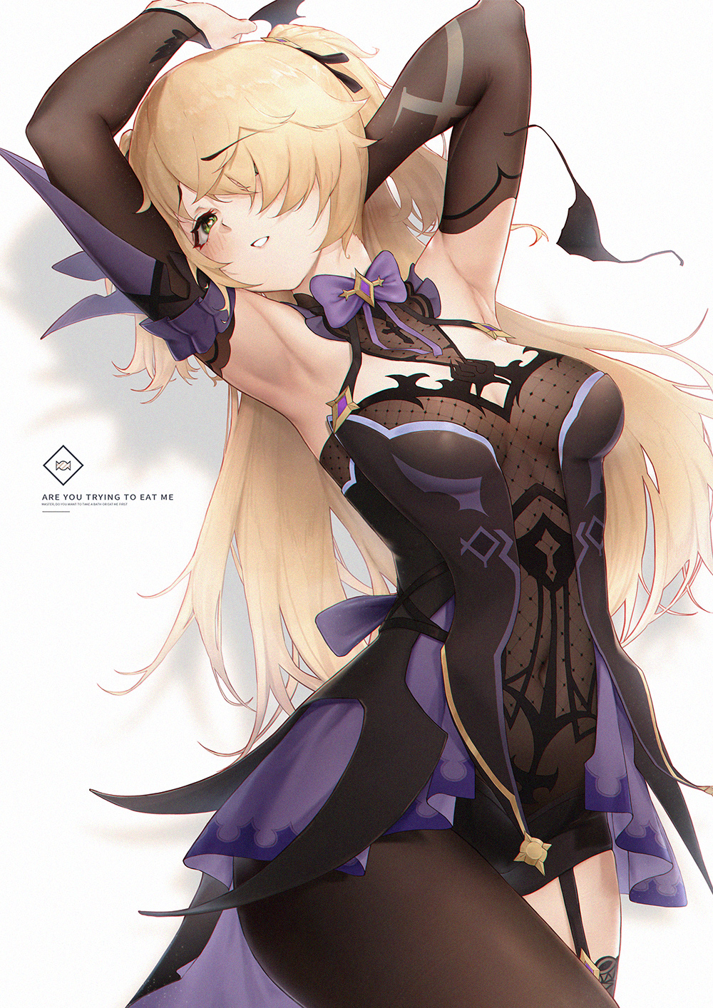1girl, arm_behind_head, armpits, arms_up, asymmetrical_legwear, black_pantyhose, black_ribbon, blonde_hair