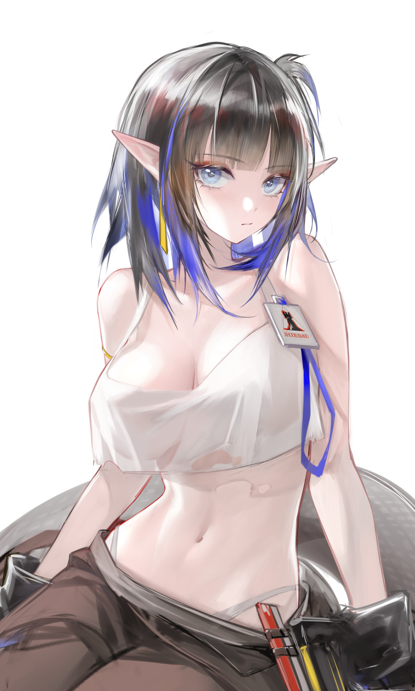 1girl, absurdres, arknights, bare_arms, bare_shoulders, black_hair, black_pants, blue_eyes, blue_hair, breasts, camisole, cleavage, crop_top, crop_top_overhang, eunectes_(arknights), eunectes_(forgemaster)_(arknights), highres, large_breasts, midriff, multicolored_hair, navel, official_alternate_costume, pants, pointy_ears, qiangjitong, short_hair, simple_background, sitting, solo, spaghetti_strap, stomach, white_background