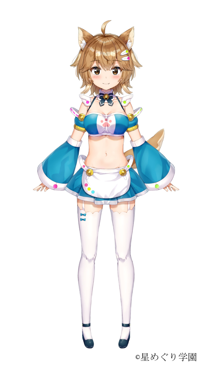 1girl, ahoge, animal_ear_fluff, animal_ears, apron, bare_shoulders, bell, black_shoes, blue_shirt, blue_skirt, bow, bowtie, breasts, brown_eyes, brown_hair, cleavage, closed_mouth, crop_top, detached_collar, detached_sleeves, dog_ears, dog_girl, dog_tail, fang, full_body, garter_straps, highres, inuchiyo_kokona, jingle_bell, kuria_(clear_trip_second), looking_at_viewer, mary_janes, medium_breasts, midriff, miniskirt, navel, pleated_skirt, revealing_clothes, shirt, shoes, short_hair, simple_background, skirt, smile, solo, spaghetti_strap, standing, stellar_cycle_campus, stomach, tail, thighhighs, virtual_youtuber, waist_apron, watermark, white_background, white_thighhighs, wide_sleeves, zettai_ryouiki