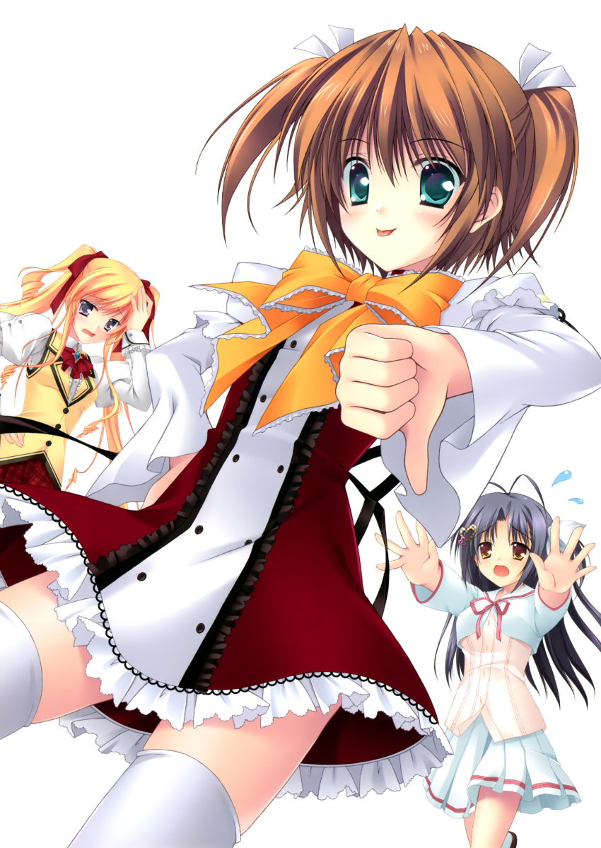 3girls, absurdres, aqua_eyes, blue_hair, blush, bow, dress, drill_hair