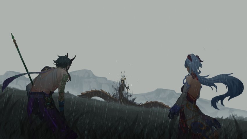 1girl, 2boys, absurdres, ahoge, arm_tattoo, aura, back, backboob, backless_dress, backless_outfit, black_bodysuit, black_gloves, blue_hair, bodysuit, breasts, clenched_hand, commentary, cowboy_shot, dark_persona, detached_sleeves, dragon, dress, dutch_angle, eastern_dragon, english_commentary, field, floating_hair, flower_knot, from_behind, ganyu_(genshin_impact), genshin_impact, gloves, glowing, glowing_eyes, goat_horns, grass, grey_sky, highres, holding, holding_polearm, holding_spear, holding_weapon, horns, light_blue_hair, long_hair, mask, medium_breasts, multiple_boys, outdoors, pants, pepppaya, polearm, ponytail, purple_pants, rain, short_hair, sky, spear, tattoo, weapon, white_dress, xiao_(genshin_impact), zhongli_(genshin_impact)