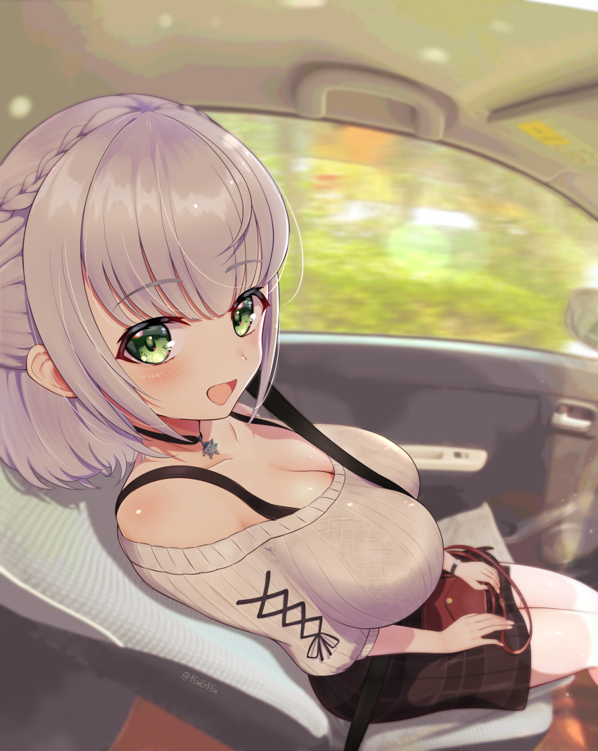 1girl, :d, absurdres, bag, between_breasts, black_choker, blush, braid, breasts, brown_skirt, car_interior, choker, cleavage, feweryen, green_eyes, half_updo, handbag, highres, hololive, jewelry, large_breasts, looking_at_viewer, off-shoulder_sweater, off_shoulder, official_alternate_costume, open_mouth, pendant, ribbed_sweater, seatbelt, shirogane_noel, shirogane_noel_(casual), shirt, short_hair, silver_hair, sitting, skirt, smile, solo, strap_between_breasts, sweater, virtual_youtuber, white_shirt