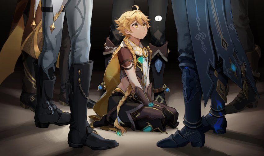 6+boys, ?, aether_(genshin_impact), ahoge, black_footwear, blonde_hair, boots, braid, braided_ponytail, coattails, commentary, crop_top, dainsleif_(genshin_impact), diluc_(genshin_impact), genshin_impact, gloves, hair_between_eyes, highres, kaeya_(genshin_impact), kneeling, long_hair, lyoo_(gajyago), male_focus, midriff, multiple_boys, pants, scarf, shoes, short_sleeves, simple_background, spoken_question_mark, untranslatable_commentary, tailcoat, tartaglia_(genshin_impact), yellow_eyes, zhongli_(genshin_impact)