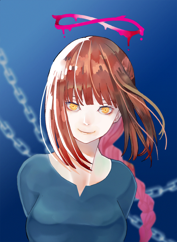 1girl, arms_behind_back, black_dress, blood, blood_drip, braid, braided_ponytail, breasts